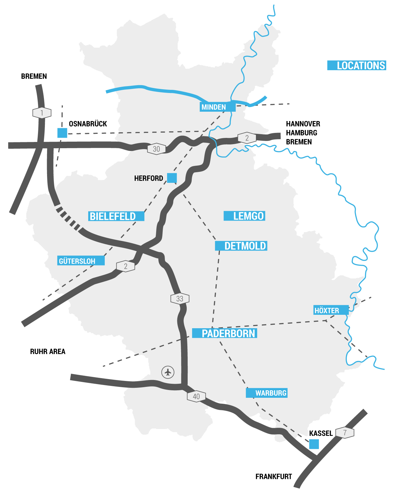 Map of the region East Westphalia with the most important cities